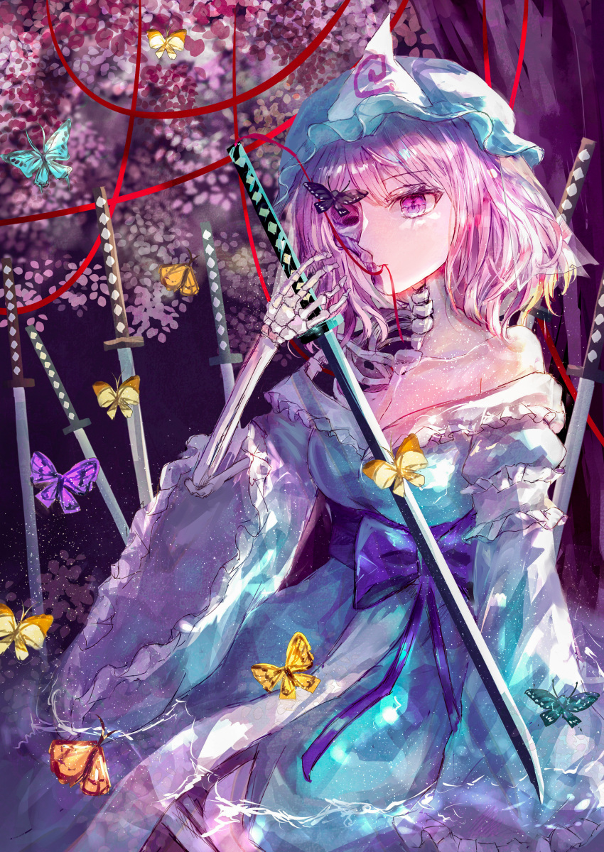 1girl absurdres blue_headwear blue_kimono bug butterfly cherry_blossoms crazy frilled_kimono frills hat highres holding holding_sword holding_weapon japanese_clothes kimono mob_cap pink_eyes pink_hair saigyouji_yuyuko skeletal_arm skeletal_hand skeleton skull sleeve_garter solo suzushina sword tachi_(weapon) touhou triangular_headpiece weapon