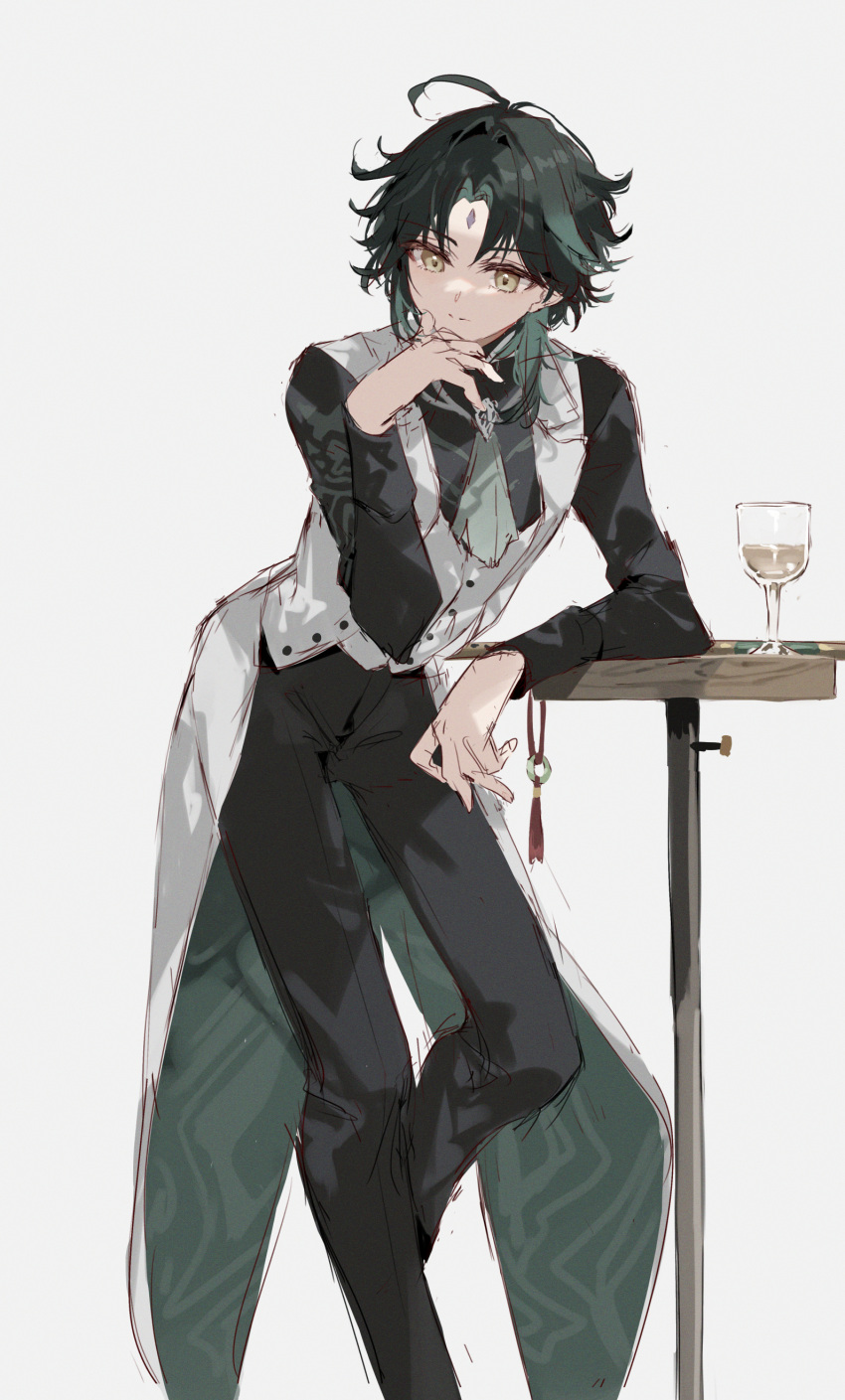 1boy absurdres black_pants black_shirt closed_mouth coattails cup dress_pants dress_shirt drinking_glass elbow_on_table facial_mark feet_out_of_frame forehead_mark genshin_impact green_hair green_necktie hand_on_own_face highres leaning_forward male_focus multicolored_hair necktie pants shirt simple_background solo two-tone_hair vest white_background white_vest xiao_(genshin_impact) yellow_eyes yuitonoel