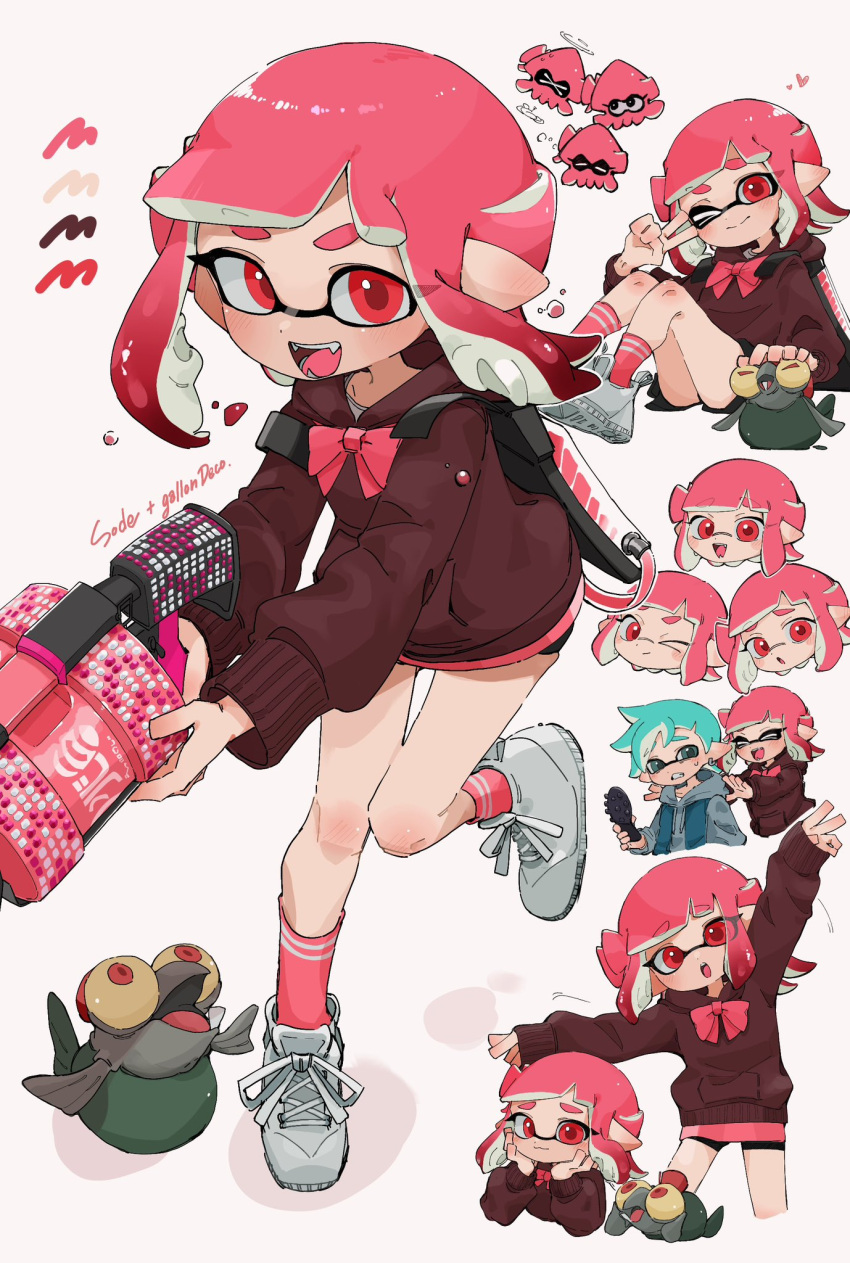 .96_gal_(splatoon) 1boy 1girl :d bike_shorts blue_eyes blue_hair bow bowtie color_guide commentary cross-laced_footwear gun heart highres holding holding_gun holding_phone holding_weapon hood hoodie ink_tank_(splatoon) inkling inkling_boy inkling_girl inkling_player_character looking_at_viewer medium_hair multiple_views one_eye_closed open_mouth phone pink_bow pink_bowtie pink_hair pink_socks pointy_ears red_eyes red_hoodie shoes simple_background sitting smallfry_(splatoon) smile socks splatoon_(series) splatoon_3 standing standing_on_one_leg teeth tentacle_hair thick_eyebrows tyinkama upper_teeth_only v_over_eye weapon white_background white_footwear