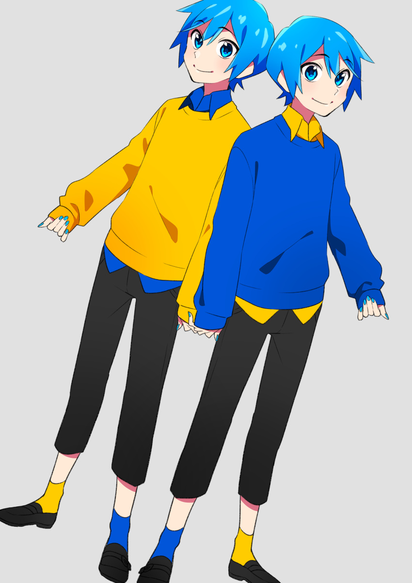 2boys :&gt; absurdres black_footwear black_pants blue_eyes blue_hair blue_nails blue_shirt blue_socks blue_sweater blush collared_shirt commentary_request full_body grey_background hair_between_eyes highres holding_hands kaito_(vocaloid) looking_at_viewer male_focus mismatched_socks multiple_boys pants shio_ice shirt shoes short_hair simple_background socks sweater vocaloid yellow_shirt yellow_socks yellow_sweater