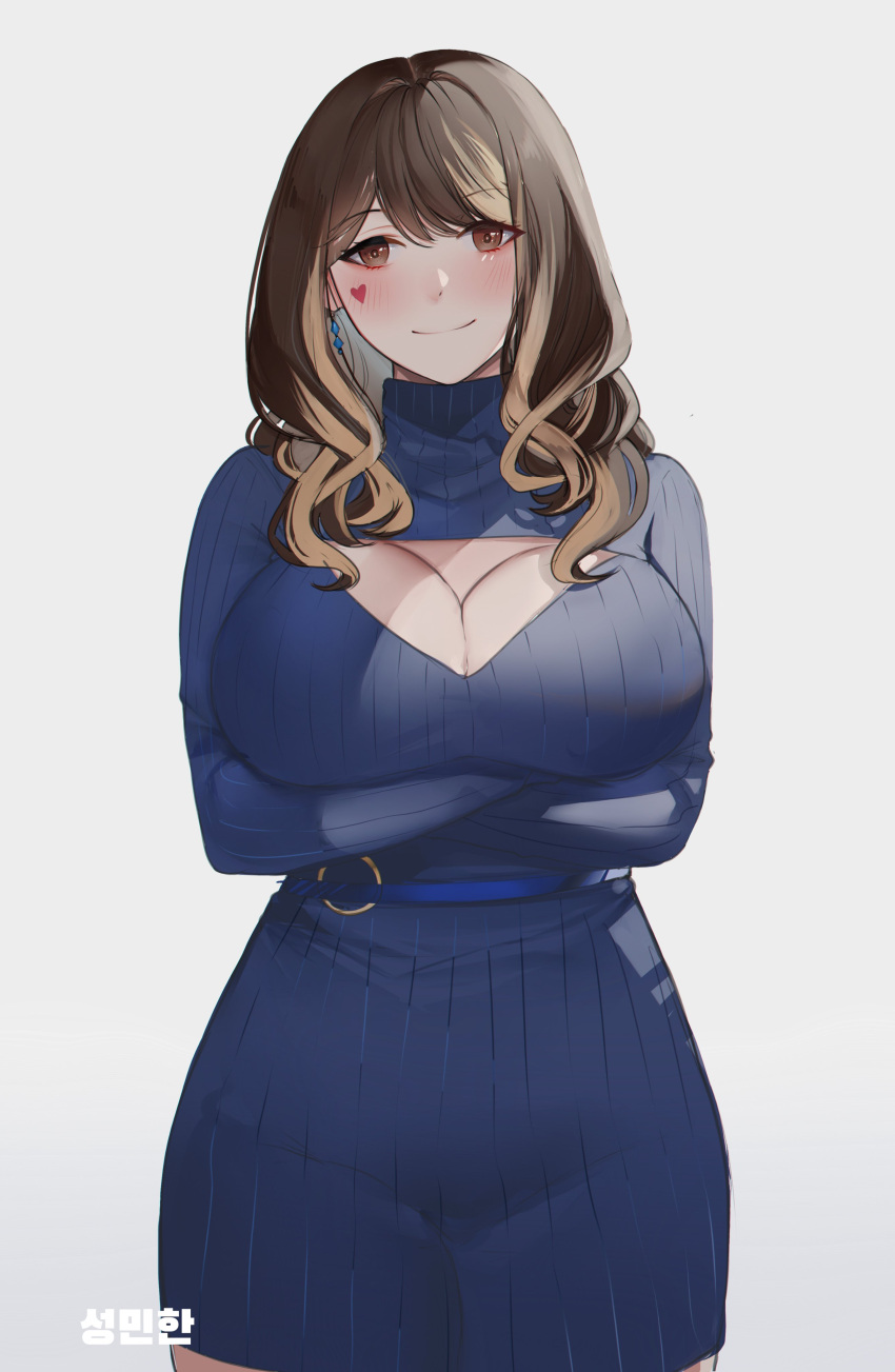 1girl absurdres arms_under_breasts blue_dress blush breast_hold breasts brown_eyes brown_hair cleavage cleavage_cutout closed_mouth clothing_cutout commentary commission dress earrings english_commentary facial_mark heart heart_facial_mark highres jewelry large_breasts long_hair looking_at_viewer milephunter original smile solo turtleneck_dress wavy_hair