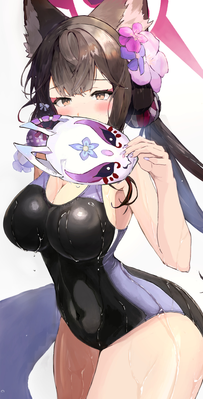 1girl absurdres animal_ears black_one-piece_swimsuit blue_archive blue_flower blush breasts brown_eyes brown_hair cleavage commentary_request competition_swimsuit covered_navel flower fox_ears fox_girl grey_background hair_flower hair_ornament halo highres holding holding_mask large_breasts long_hair looking_at_viewer low_twintails mask official_alternate_costume one-piece_swimsuit pink_flower red_halo simple_background solo swimsuit thighs tsetainsu twintails wakamo_(blue_archive) wakamo_(swimsuit)_(blue_archive) wet wet_clothes wet_swimsuit
