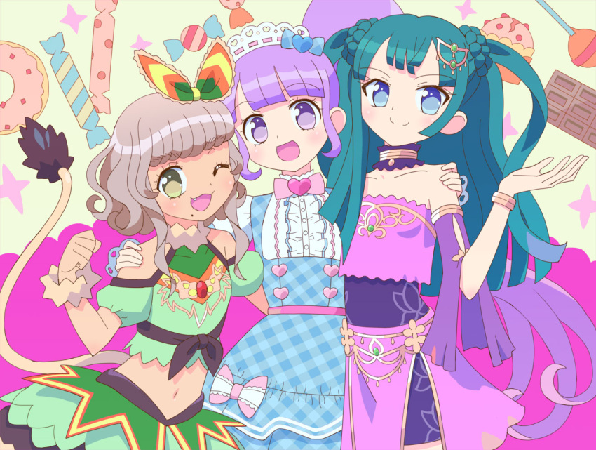 3girls :d bare_shoulders blue_bow blue_dress blue_eyes blunt_bangs blunt_ends bow breasts brown_hair candy commentary_request cowboy_shot detached_sleeves doughnut dress food green_hair green_shirt green_skirt hair_bow hair_ornament hand_on_another's_shoulder hand_up heart idol_clothes ku_(residual666) lion_tail lollipop long_hair looking_at_viewer manaka_non midriff mole mole_under_mouth multiple_girls one_eye_closed open_mouth pink_bow pink_shirt pink_skirt pretty_series pripara purple_eyes purple_hair shirt short_hair side_ponytail skirt small_breasts smile standing tail taiyo_pepper tsukikawa_chili two_side_up very_long_hair white_shirt