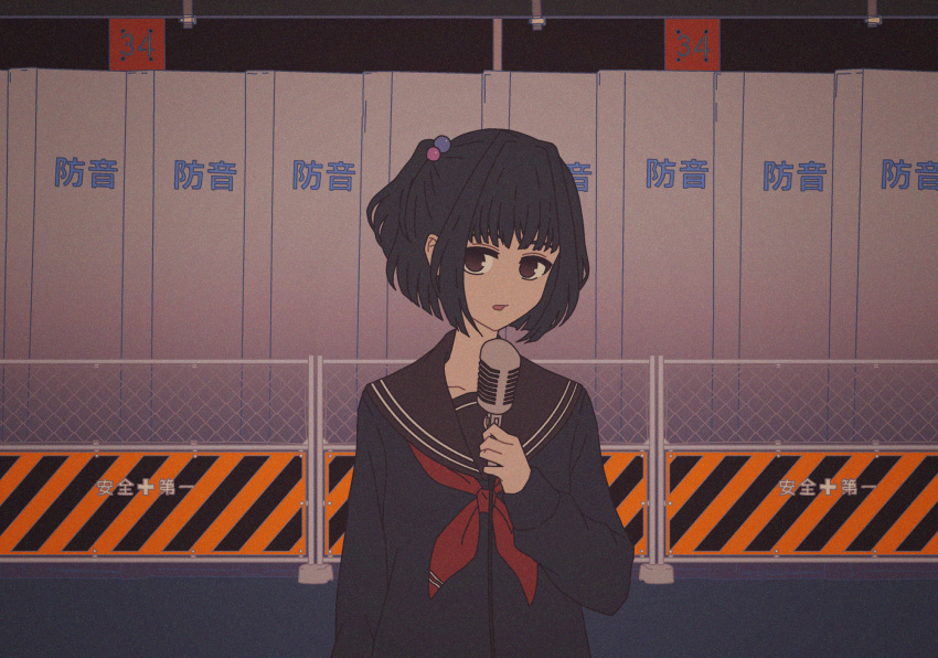 1girl :o amemori_sayo arm_at_side black_eyes black_hair black_sailor_collar black_shirt chain-link_fence collarbone construction_site day fence hand_up highres holding holding_microphone long_bangs looking_at_viewer microphone neckerchief nijisanji nkymyura open_mouth outdoors red_neckerchief sailor_collar shirt short_hair sidelocks solo upper_body virtual_youtuber wispy_bangs
