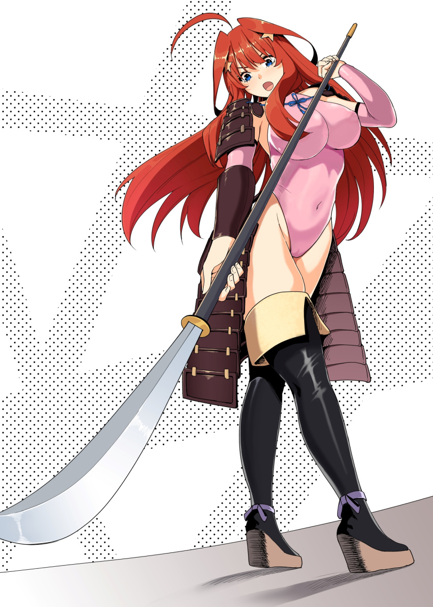 1girl ahoge alternate_costume armor black_footwear blue_eyes boots breasts cameltoe covered_navel covered_nipples foreshortening full_body go-toubun_no_hanayome hair_ornament highleg highleg_leotard highres holding holding_polearm holding_weapon japanese_armor kosmos_beta kote large_breasts leotard naginata nakano_itsuki open_mouth pink_leotard platform_boots platform_footwear polearm red_hair shoulder_armor sode solo standing star_(symbol) star_hair_ornament thigh_boots thighs weapon