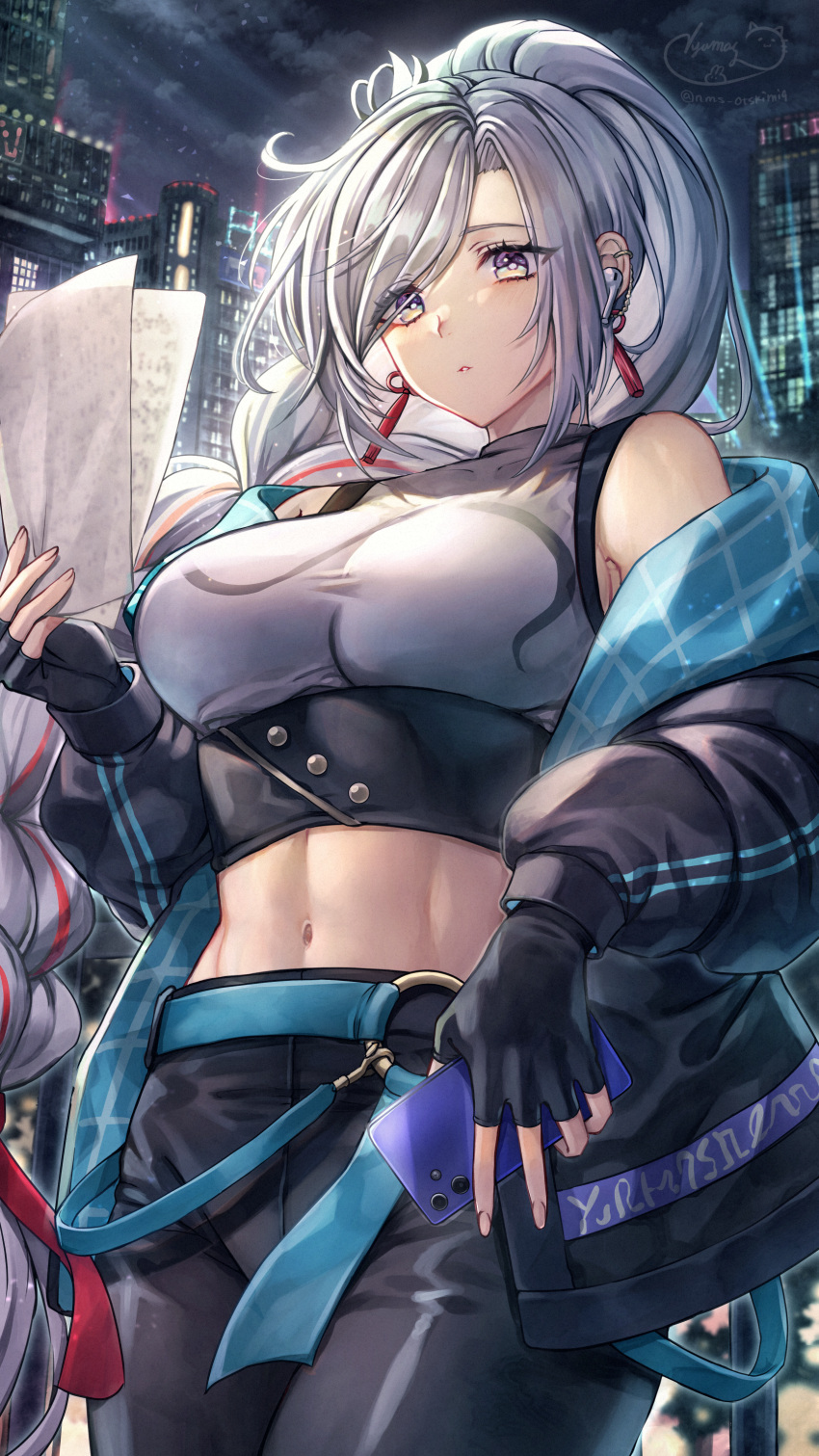 1girl abs absurdres black_gloves black_pants blue_eyes braid breasts cellphone city commentary_request cowboy_shot crop_top earrings fingerless_gloves genshin_impact gloves hair_over_one_eye highres holding holding_paper holding_phone jacket jewelry leaning_back long_hair long_sleeves looking_at_viewer low-braided_long_hair low-tied_long_hair medium_breasts midriff multicolored_clothes multicolored_jacket navel night nyamaso off_shoulder official_alternate_costume outdoors pants paper parted_lips phone revision shenhe_(genshin_impact) sidelocks single_braid sleeveless sleeveless_turtleneck smartphone solo sports_bra standing stomach tassel tassel_earrings turtleneck two-tone_jacket very_long_hair white_hair