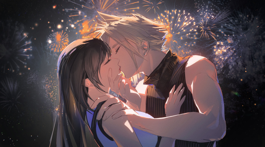 1boy 1girl absurdres black_hair blonde_hair cloud_strife couple duoj_ji final_fantasy final_fantasy_vii final_fantasy_vii_rebirth final_fantasy_vii_remake fireworks highres kiss long_hair night sleeveless sleeveless_turtleneck spiked_hair suspenders tank_top tifa_lockhart turtleneck upper_body