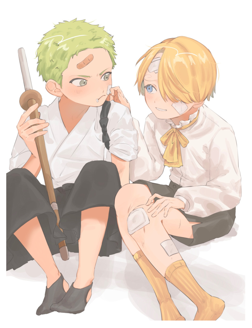 2boys aged_down annoyed ascot bandage_on_face bandage_on_knee bandage_on_leg bandages bandaid bandaid_on_face bandaid_on_forehead black_hakama black_socks blonde_hair blue_eyes blush commentary cropped_legs curly_eyebrows cuts frills full_body green_eyes green_hair hair_over_one_eye hakama hakama_skirt hand_on_another's_cheek hand_on_another's_face highres holding holding_weapon injury japanese_clothes knees_up lily-summer-0607 long_bangs long_sleeves male_focus multiple_boys nervous_smile one_piece roronoa_zoro sanji_(one_piece) short_hair simple_background sitting skirt smile socks sword weapon white_background wooden_sword yellow_ascot yellow_socks