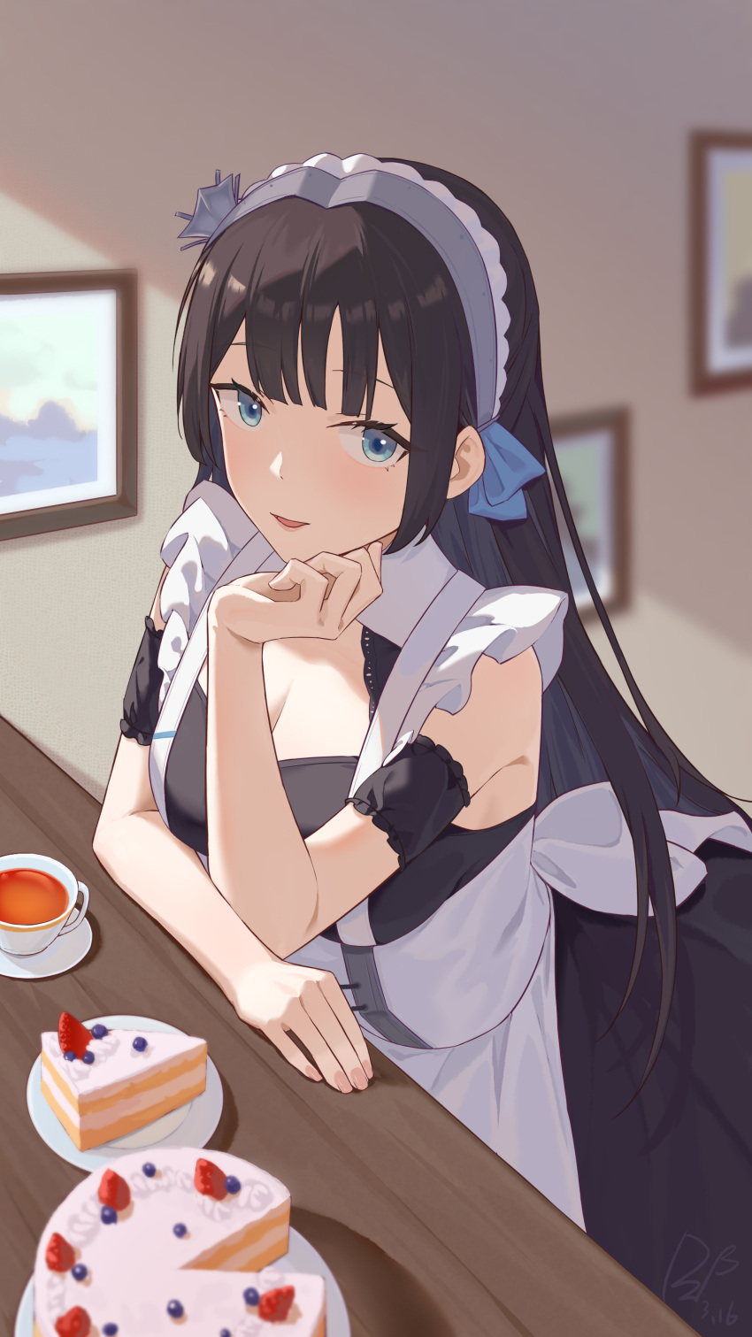 1girl absurdres apron arm_rest azur_lane black_hair cake cake_slice cup food frilled_apron frills hairband hand_on_own_chin head_rest highres lace-trimmed_hairband lace_trim long_hair looking_at_viewer maid maid_apron maid_headdress newcastle_(azur_lane) newcastle_(retrofit)_(azur_lane) ping_zhong_yu smile solo teacup white_apron