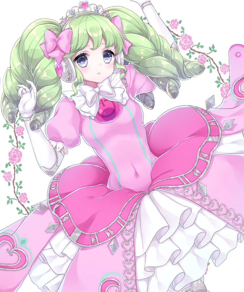 1girl absurdres aki_(akinyaaaaa) arm_up bow breasts colored_eyelashes covered_navel dress elbow_gloves falulu flower from_above gloves green_hair grey_eyes hair_bow headphones highres idol_clothes long_hair looking_at_viewer lying medium_breasts on_back pink_bow pink_dress pink_flower pink_rose power_symbol pretty_series pripara rose sidelocks solo tiara twintails white_background white_gloves