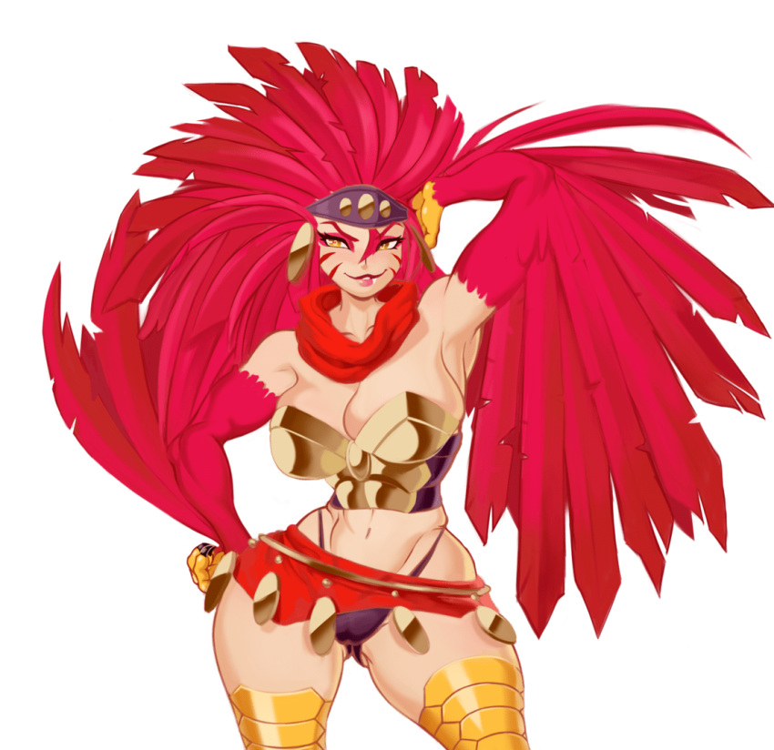 1girl animal_hands armor ass_visible_through_thighs bare_shoulders bird_legs black_panties boobplate breastplate breasts cameltoe claws cleavage corruption_of_champions_2 dclzexon facial_mark fang feather_hair feathered_wings feathers harpy headband highleg highleg_panties large_breasts lips long_hair microskirt midriff monster_girl navel non-web_source official_art panties plate_armor red_feathers red_hair red_scarf red_skirt red_wings scarf skirt solo swept_bangs tan transparent_background underwear wide_hips winged_arms wings yellow_eyes zhara_(corruption_of_champions)