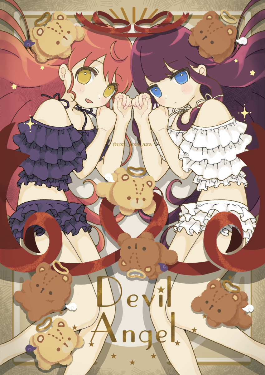 2girls absurdres angel_and_devil angel_wings black_skirt blue_eyes blush_stickers closed_mouth commentary demon_wings dot_nose feet_out_of_frame frilled_shirt frilled_skirt frills halo highres kurosu_aroma long_hair lying multiple_girls on_side pretty_series pripara purple_hair red_hair red_ribbon ribbon shiratama_mikan shirt skirt stuffed_animal stuffed_toy symbol-only_commentary teddy_bear twitter_username uxu_uxa_axa very_long_hair white_shirt wings yellow_eyes