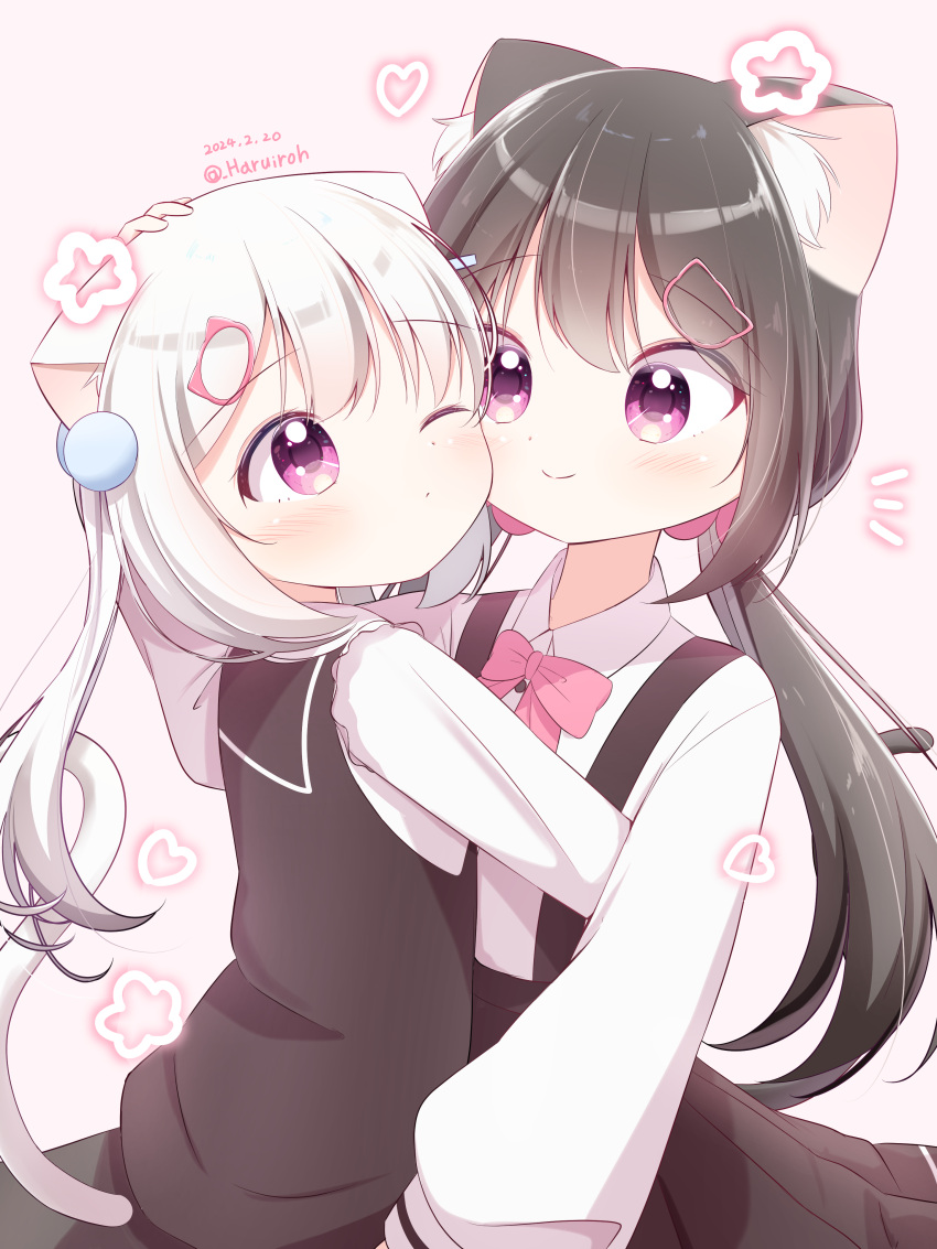 2girls absurdres animal_ears black_hair bow bowtie cat_ears cat_girl cat_tail cheek-to-cheek hair_ornament hairpin hand_on_another's_head haruiroha heads_together heart highres hug light_blush light_smile long_sleeves multiple_girls one_eye_closed original pink_eyes simple_background star_(symbol) tail white_hair yuri