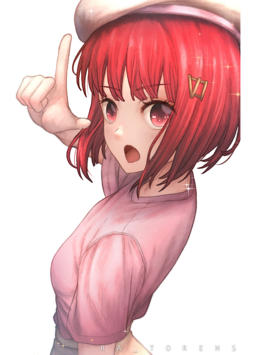 1girl absurdres arima_kana beret bob_cut hat highres inverted_bob looking_at_viewer open_mouth oshi_no_ko pink_shirt ra_torens red_eyes red_hair shirt short_hair simple_background solo upper_body white_background