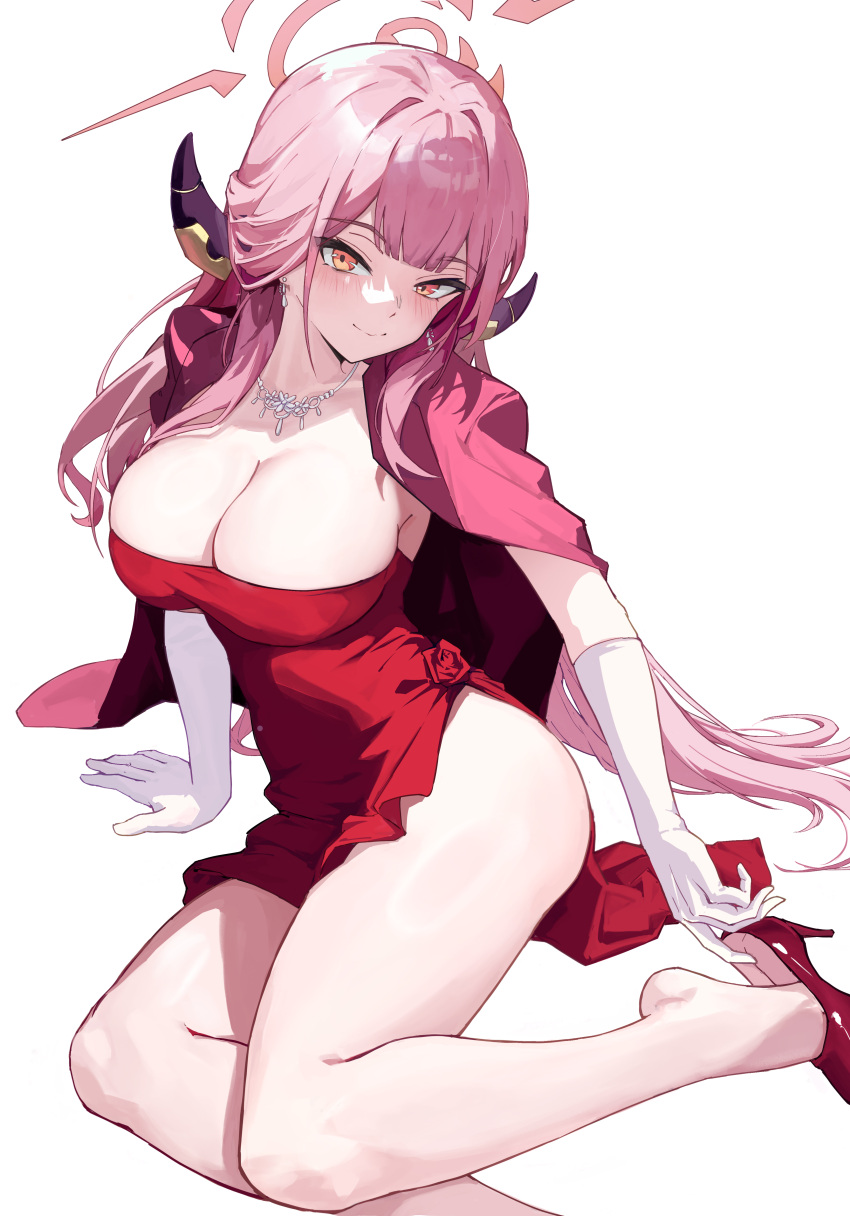 1girl absurdres aru_(blue_archive) aru_(dress)_(blue_archive) blue_archive blush breasts brown_horns cleavage closed_mouth coat coat_on_shoulders demon_horns dress earrings gloves halo high_heels highres horns jewelry large_breasts long_hair looking_at_viewer necklace official_alternate_costume pink_hair pink_halo red_coat red_dress red_footwear simple_background smile solo white_background white_gloves wizast yellow_eyes