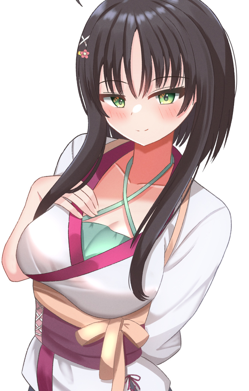 1girl arm_behind_back black_hair blush breasts cleavage closed_mouth collarbone colored_eyelashes commentary criss-cross_halter green_eyes green_shirt hair_between_eyes hair_ornament hairclip halterneck hand_on_own_chest hand_up highres hitachi_mako jitome large_breasts long_sleeves looking_at_viewer ryu_h2so4 senren_banka shirt short_hair_with_long_locks simple_background smile solo split_mouth straight_hair tsurime upper_body white_background white_shirt x_hair_ornament