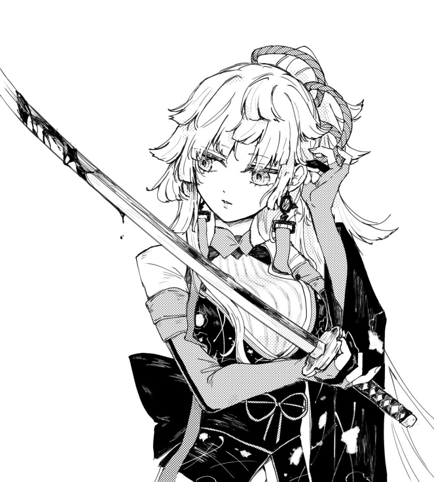 1girl adjusting_hair asymmetrical_sleeves blood blood_on_weapon earrings fate/grand_order fate/samurai_remnant fate_(series) fingerless_gloves gloves greyscale hand_in_own_hair high_ponytail holding holding_sword holding_weapon jewelry katana kishimen_hair long_hair mo_(aabx315) monochrome obi ribbed_shirt sash shirt simple_background single_wide_sleeve solo sword tassel tassel_earrings uneven_sleeves weapon white_background yui_shousetsu_(fate) yui_shousetsu_(third_ascension)_(fate)