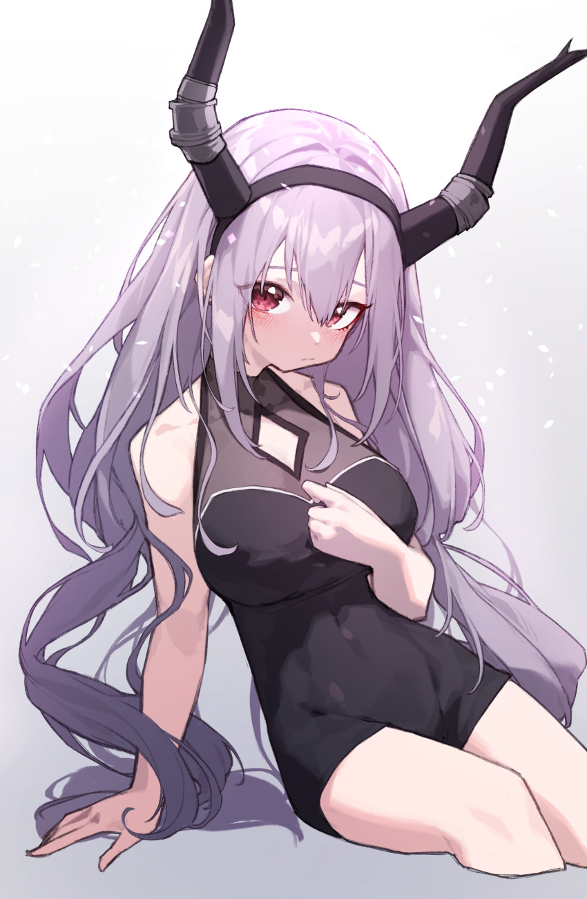 1girl :| absurdres arknights arm_at_side arm_support bare_shoulders beudelb black_hairband black_horns black_leotard blush breasts cleavage cleavage_cutout closed_mouth clothing_cutout covered_navel cropped_legs fake_horns hair_between_eyes hairband hand_on_own_chest highres horns large_breasts leotard long_hair looking_at_viewer pink_eyes purple_hair sidelocks solo straight_hair typhon_(arknights)