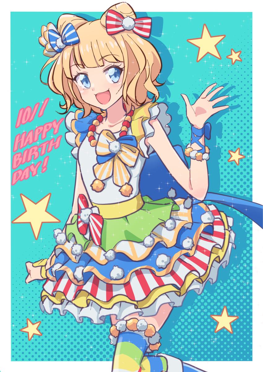 1girl :d absurdres blonde_hair blue_background blue_bow blue_eyes blunt_bangs bow cbgb cone_hair_bun cowboy_shot double_bun dress drop_shadow hair_bow hair_bun hand_up happy_birthday highres idol_clothes jewelry looking_at_viewer minami_mirei multicolored_clothes multicolored_dress necklace open_hand open_mouth outside_border pretty_series pripara red_bow short_hair smile solo star_(symbol) striped_clothes striped_thighhighs thighhighs third-party_source