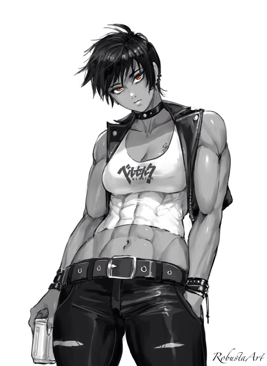 1girl abs alternate_costume belt berserk black_hair breasts can casca_(berserk) choker cleavage contemporary drink_can earrings hand_in_pocket highres holding holding_can jewelry looking_at_viewer muscular muscular_female open_clothes open_vest orange_eyes pants robusta_mania short_hair signature solo tank_top tattoo toned torn_clothes torn_pants vest white_background