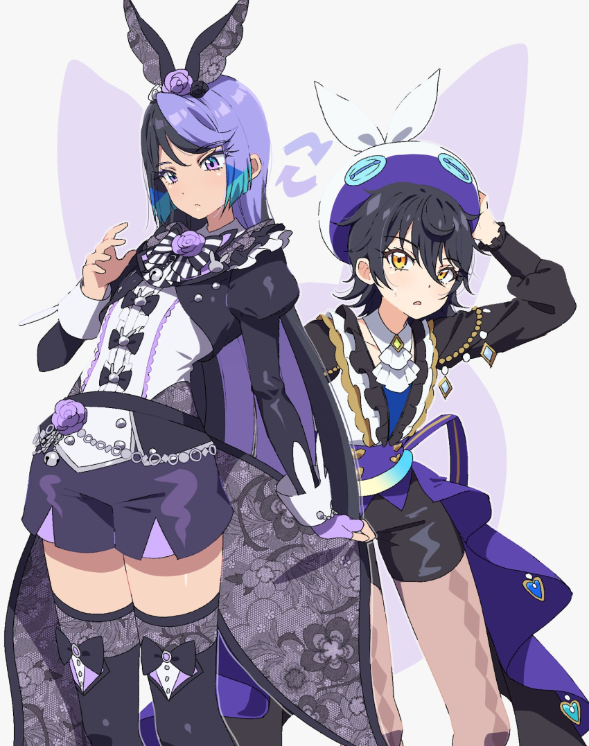 2girls animal_ears argyle_clothes argyle_legwear arm_up arrow_(symbol) ascot black_bow black_hair black_jacket black_shirt black_shorts black_thighhighs bow brown_pantyhose carron_(waccha_primagi!) carron_(waccha_primagi!)_(cosplay) chain closed_mouth cosplay costume_switch detached_collar dolldolldd feet_out_of_frame floral_print flower grey_background hand_on_own_hip hand_up hat highres idol_clothes jacket juliet_sleeves kiratto_pri_chan kurokawa_suzu kurokawa_suzu_(cosplay) long_hair long_sleeves looking_at_viewer looking_down multicolored_hair multiple_girls open_mouth pantyhose pretty_series puffy_sleeves purple_eyes purple_flower purple_hair purple_rose rabbit_ears rose shirt short_hair shorts simple_background standing sweatdrop thighhighs very_long_hair waccha_primagi! white_ascot white_shirt yellow_eyes