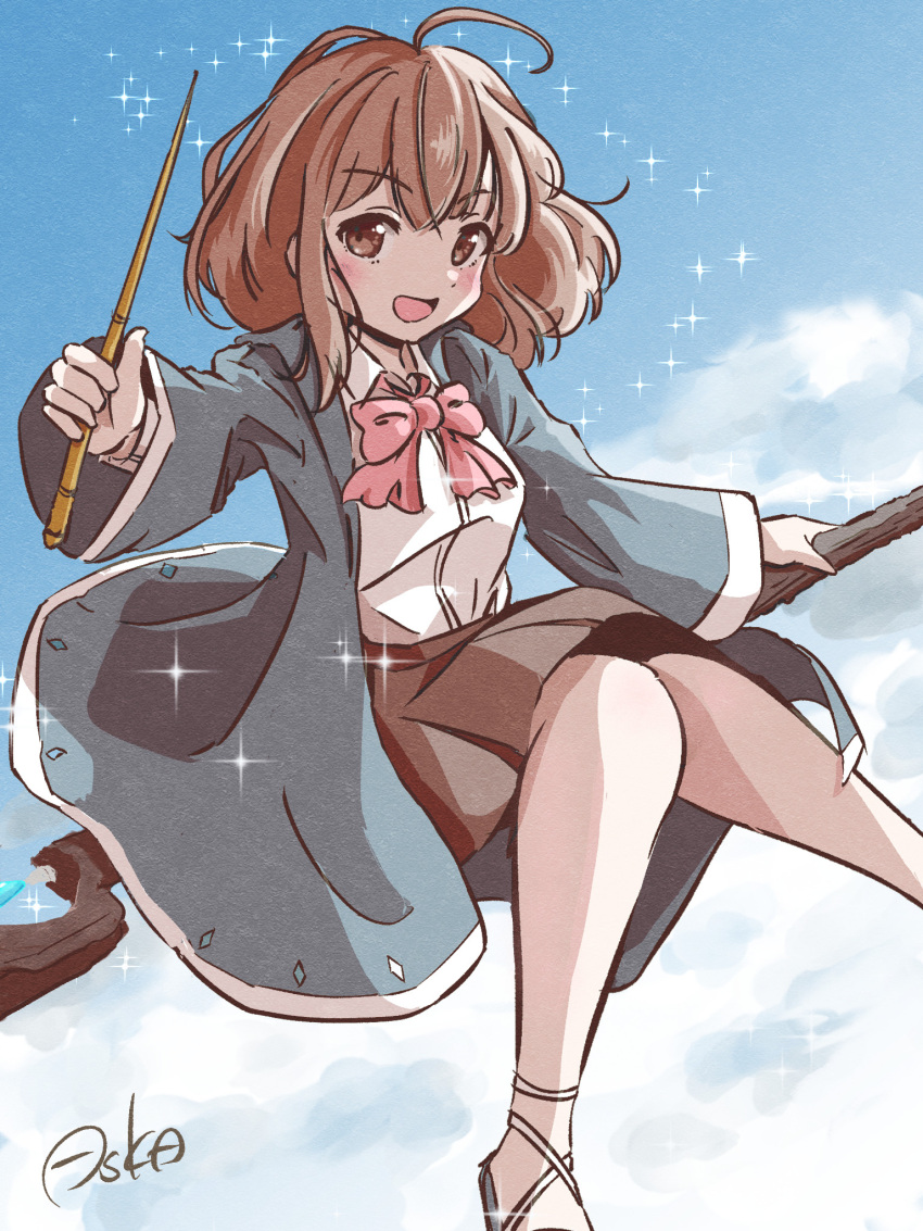 1girl asuka_(pixiv82529874) blue_coat blue_sky blush bow bowtie breasts broom broom_riding brown_eyes brown_hair brown_skirt cloud coat flying highres holding holding_wand light_particles looking_at_viewer magical_girl medium_hair open_mouth original pink_bow pink_bowtie sandals shirt signature skirt sky small_breasts solo wand white_shirt wizard