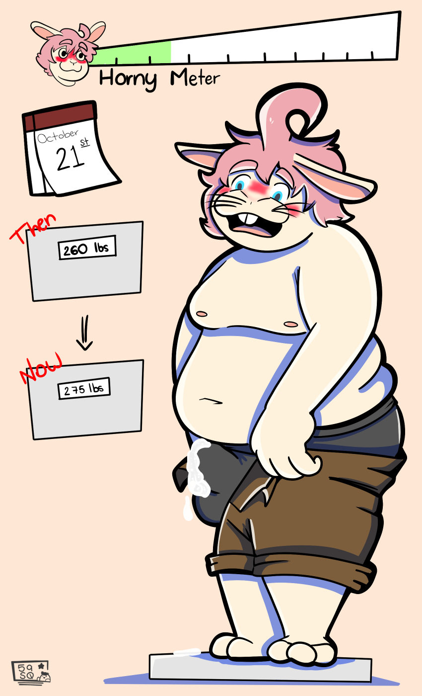 absurd_res belly bodily_fluids chubby_cheeks clothing cum genital_fluids hi_res humanoid joshie_(calahootheyeen) lagomorph leporid male mammal meme no_nut_november rabbit salsa_squad shirtless shirtless_male slightly_chubby slightly_chubby_male solo underwear weight_gain