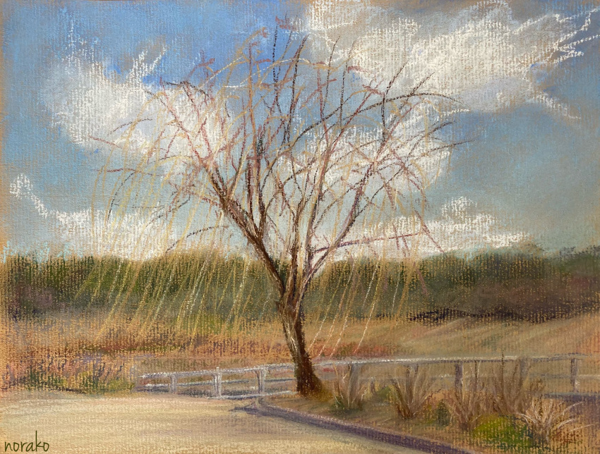 artist_name bare_tree blue_sky bridge cloud cloudy_sky fence fern grass highres no_humans norako_pastel original painting_(medium) path plant signature sky traditional_media tree wooden_fence