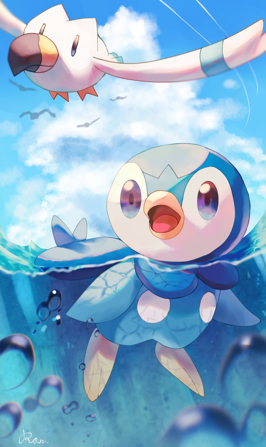 afloat beak bird blue_eyes blue_sky bubble cloud commentary_request highres open_mouth outdoors partially_underwater_shot penguin piplup pokemon pokemon_(creature) rongai28 seagull sky wings wingull