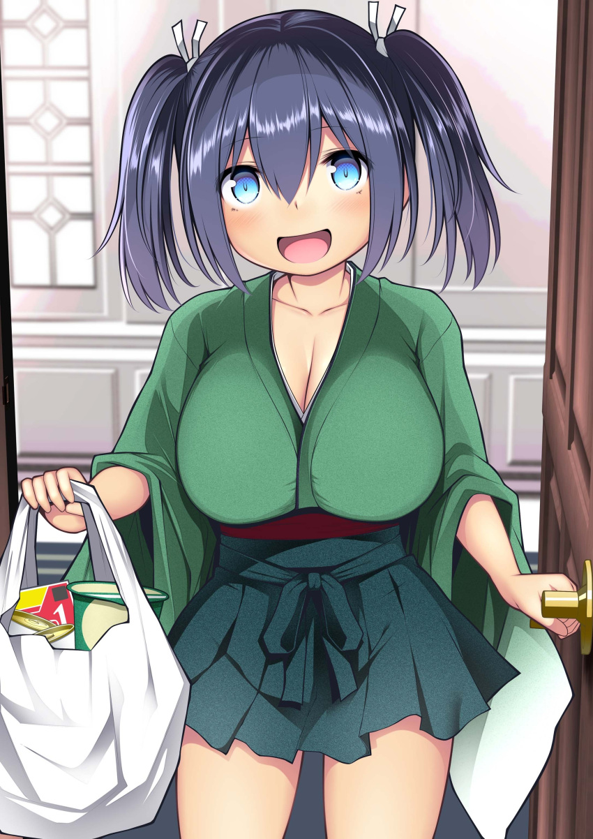 1girl absurdres bag blue_eyes blue_hair blush breasts cleavage cowboy_shot door green_hakama green_kimono hair_between_eyes hakama hakama_skirt highres holding japanese_clothes kantai_collection kimono kuromayu large_breasts long_hair long_sleeves looking_at_viewer open_mouth plastic_bag skirt smile solo souryuu_(kancolle) textless_version twintails wide_sleeves