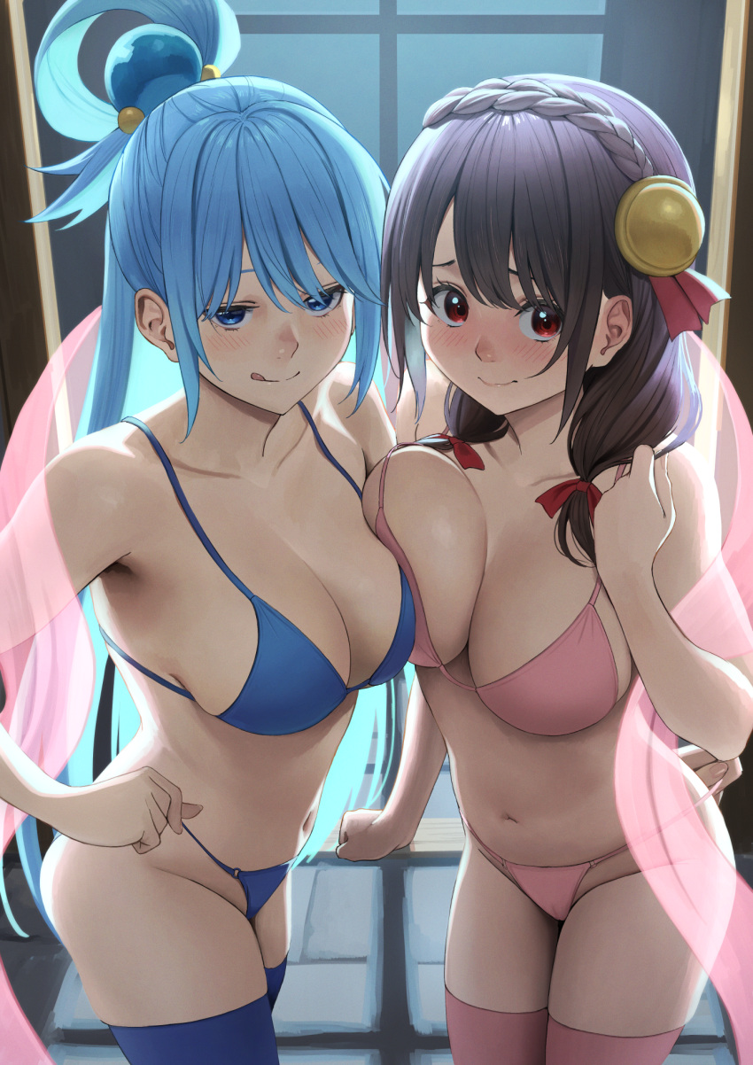 2girls aqua_(konosuba) black_hair blue_bra blue_hair blue_panties blue_theme blush bra breast_press breasts cleavage closed_mouth hair_ribbon hair_rings hand_up highres indoors izawa_(bhive003) large_breasts long_hair looking_at_viewer medium_breasts multiple_girls navel night panties pink_bra pink_panties pink_thighhighs red_eyes red_ribbon ribbon single_hair_ring smile standing thighhighs tongue tongue_out underwear underwear_only very_long_hair yunyun_(konosuba)