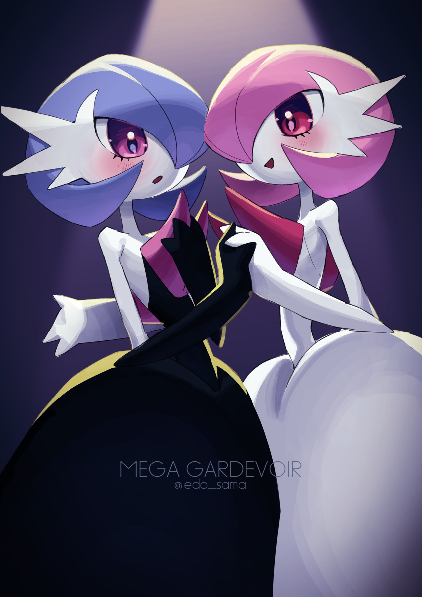 2girls absurdres alternate_color alternate_shiny_pokemon artist_name black_dress black_gloves blue_hair blush bob_cut dress edo-sama elbow_gloves gardevoir gloves highres holding_hands mega_gardevoir multiple_girls open_mouth pink_eyes pink_hair pokemon pokemon_(creature) shiny_pokemon smile strapless strapless_dress white_dress