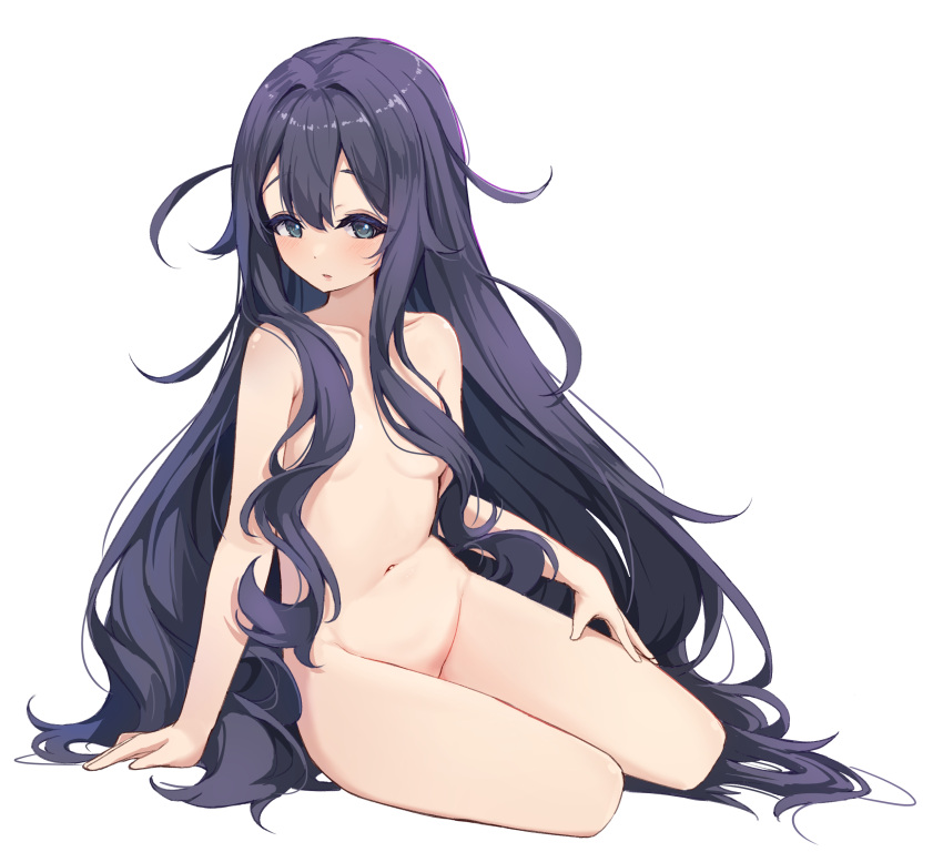 1girl absurdly_long_hair arm_support black_hair blush breasts collarbone commentary completely_nude convenient_censoring covered_nipples highres kimi_no_koto_ga_dai_dai_dai_dai_daisuki_na_100-nin_no_kanojo long_hair looking_at_viewer messy_hair nabe-san navel nude simple_background sitting small_breasts solo stomach very_long_hair white_background yokozuwari yoshimoto_shizuka