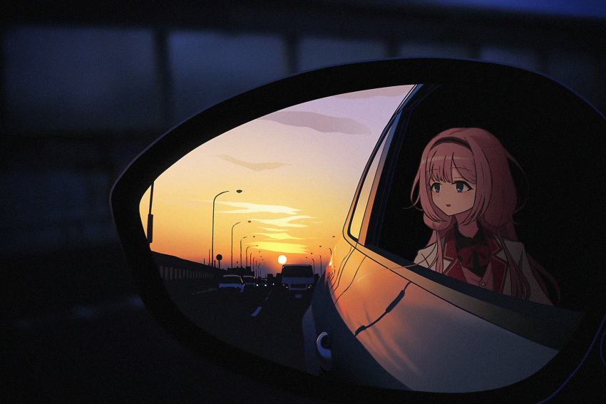 1girl :d arms_at_sides black_shirt blue_eyes blush bow bowtie car cardigan cloud collared_shirt evening hair_intakes hairband highres highway jacket lamppost long_hair looking_to_the_side motor_vehicle nijisanji nkymyura open_clothes open_jacket open_mouth outdoors pink_cardigan pink_hair red_bow red_bowtie red_hairband shirt side-view_mirror sidelocks smile solo sunset suo_sango truck upper_body v-neck virtual_youtuber white_jacket