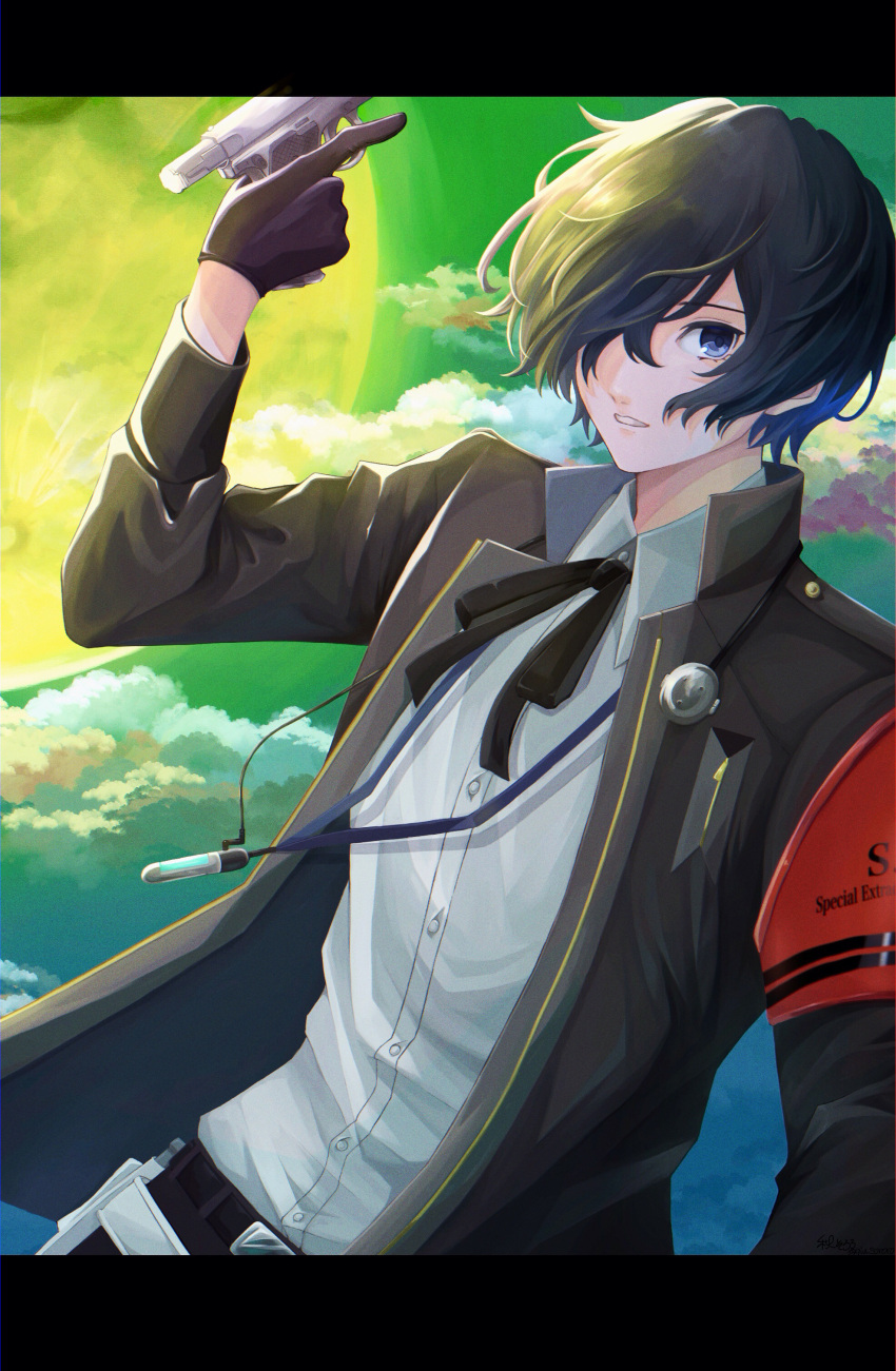 1boy absurdres aki_(sororo18) armband belt black_gloves black_jacket black_ribbon blue_eyes blue_hair cloud cloudy_sky collared_shirt commentary_request digital_media_player evoker full_body gekkoukan_high_school_uniform gloves green_sky gun hair_over_one_eye hand_up headphones headphones_around_neck highres holding holding_gun holding_weapon jacket long_sleeves looking_at_viewer male_focus neck_ribbon outdoors parted_lips persona persona_3 persona_3_reload ribbon s.e.e.s school_uniform shirt short_hair sky solo upper_body weapon white_shirt yuuki_makoto_(persona_3)