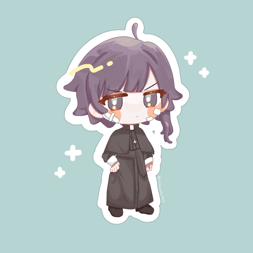 &gt;:( 1boy ahoge asymmetrical_bangs asymmetrical_hair bandaid bandaid_on_cheek bandaid_on_face black_capelet blush_stickers border bright_pupils capelet chibi chibi_only cross cross_necklace green_background habit hand_on_own_hip happy_saint_sheol highres jewelry jitome looking_at_viewer necklace ochaocha815 priest purple_eyes purple_hair securett_rafe serious single_sidelock standing v-shaped_eyebrows white_border white_pupils
