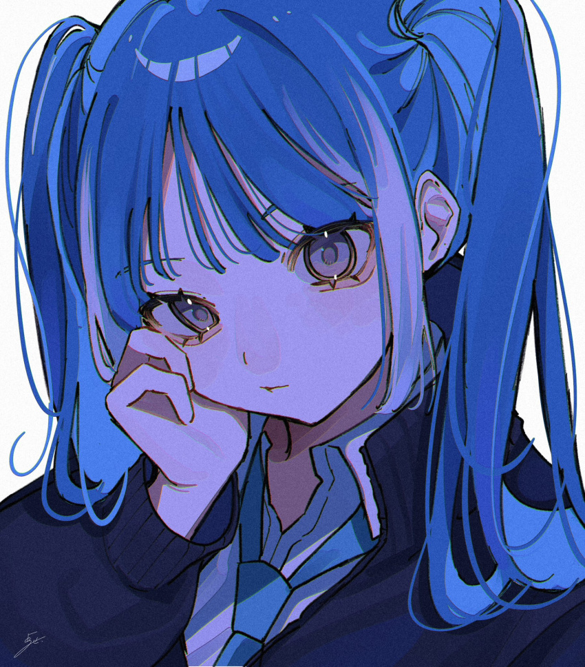 1girl black_jacket blue_hair blue_necktie closed_mouth collared_shirt grey_eyes hand_on_own_cheek hand_on_own_face highres jacket long_hair long_sleeves looking_at_viewer necktie original portrait shirt sidelocks simple_background solo twintails white_background white_shirt wispy_bangs yoruse