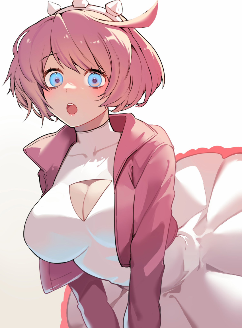 1girl ahoge blue_eyes blush breasts cleavage_cutout clothing_cutout collar dress elphelt_valentine frilled_dress frills guilty_gear guilty_gear_strive hairband highres huge_ahoge jacket large_breasts long_sleeves looking_at_viewer open_mouth pink_hair pink_hairband pink_jacket short_hair spiked_collar spiked_hairband spikes yeji36