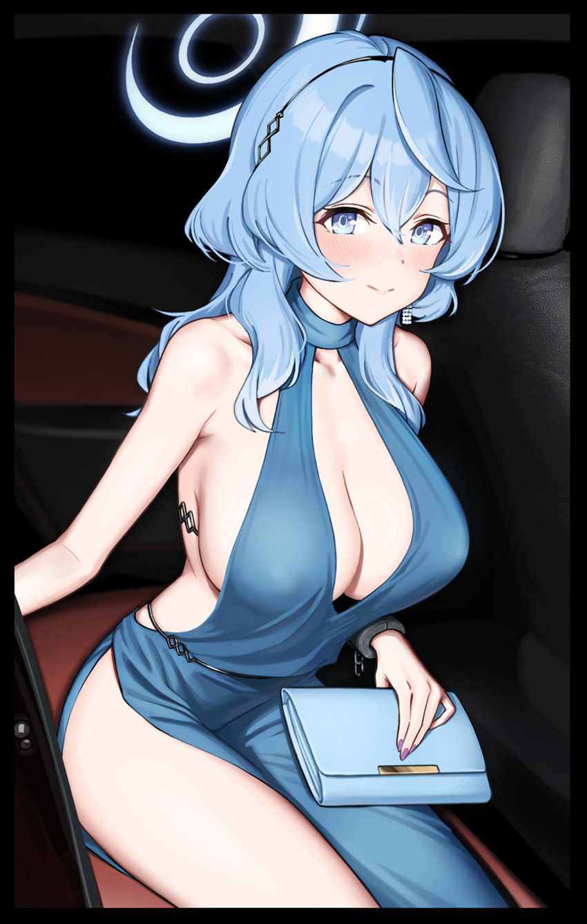 1girl absurdres ako_(blue_archive) ako_(dress)_(blue_archive) backless_dress backless_outfit bag bare_arms bare_shoulders blue_archive blue_dress blue_eyes blue_hair blue_halo blush breasts car_interior chagama_teishoku closed_mouth commentary dress hair_between_eyes hairband halo handbag highres large_breasts long_hair looking_at_viewer official_alternate_costume plunging_neckline sitting sleeveless sleeveless_dress smile solo symbol-only_commentary