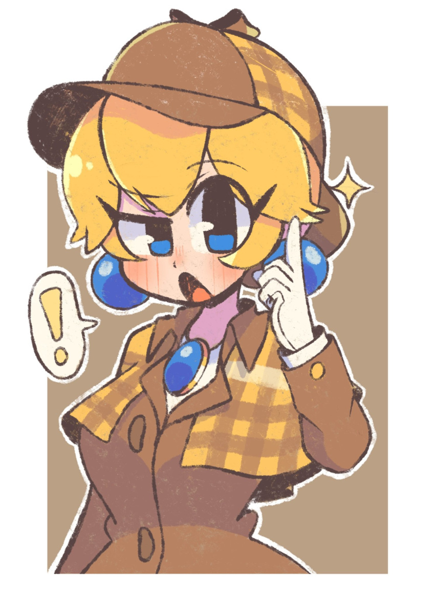 ! 1girl blonde_hair blue_eyes blush border brooch brown_background brown_capelet brown_coat brown_headwear buttons capelet coat collared_coat deerstalker detective_peach gloves hat highres jewelry looking_at_viewer mario_(series) official_alternate_costume open_mouth plaid_capelet plaid_headwear pointing pointing_up princess_peach princess_peach:_showtime! short_hair simple_background sofo_soup solo sparkle speech_bubble trench_coat upper_body white_border white_gloves