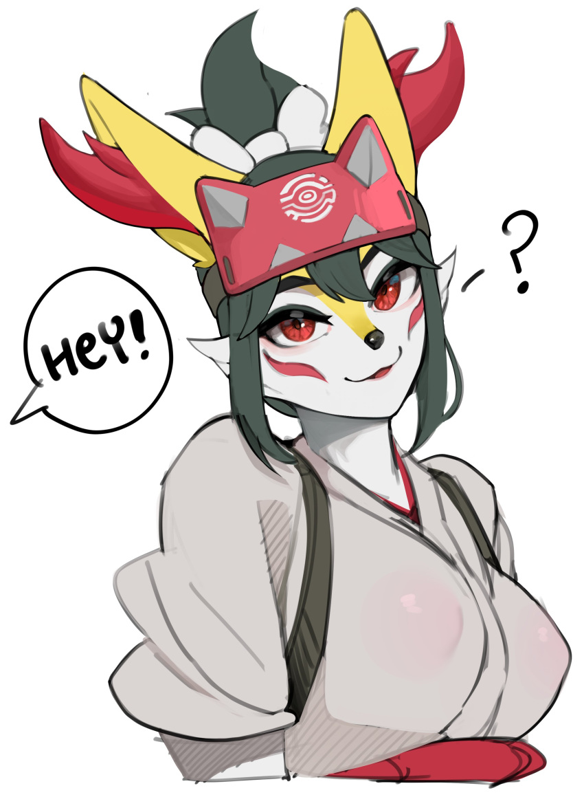 absurd_res anthro biped blizzard_entertainment braixen breasts dialogue female fur generation_6_pokemon hi_res kambo kiriko_(overwatch) nintendo nipple_outline nipples orange_body orange_fur overwatch pokemon pokemon_(species) red_body red_eyes red_fur solo white_body white_fur