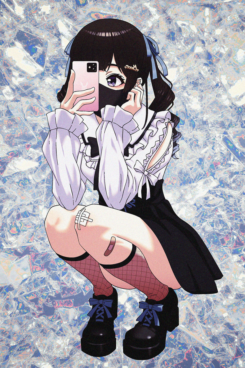 1girl bandaid bandaid_on_leg black_footwear black_mask black_ribbon black_skirt blue_ribbon brown_hair clothing_cutout collared_shirt eyeshadow fishnet_socks fishnets gauze_on_knee hair_ribbon hand_on_own_cheek hand_on_own_face high-waist_skirt highres holding holding_phone jirai_kei kneehighs knees_together_feet_apart long_hair long_sleeves looking_at_viewer makeup mask mouth_mask neck_ribbon nijisanji nkymyura one_eye_covered phone purple_eyes red_eyeshadow red_socks ribbon selfie shirt shoes shoulder_cutout skirt socks solo tsukino_mito twintails virtual_youtuber white_shirt