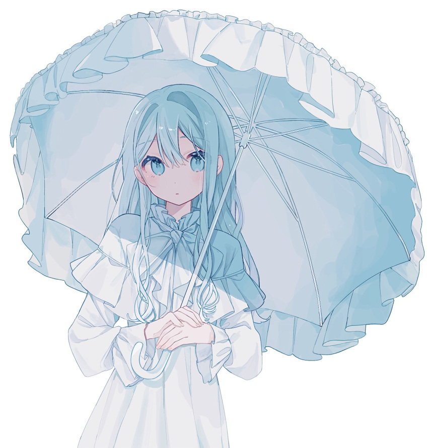 1girl :| blue_eyes blue_hair blush capelet closed_mouth collared_dress cowboy_shot dot_nose dress expressionless frilled_capelet frilled_umbrella frills hair_between_eyes hair_intakes hanuru~! highres holding holding_umbrella long_hair long_sleeves looking_at_viewer original own_hands_together shadow sidelocks simple_background solo straight_hair umbrella white_background white_capelet white_dress white_umbrella