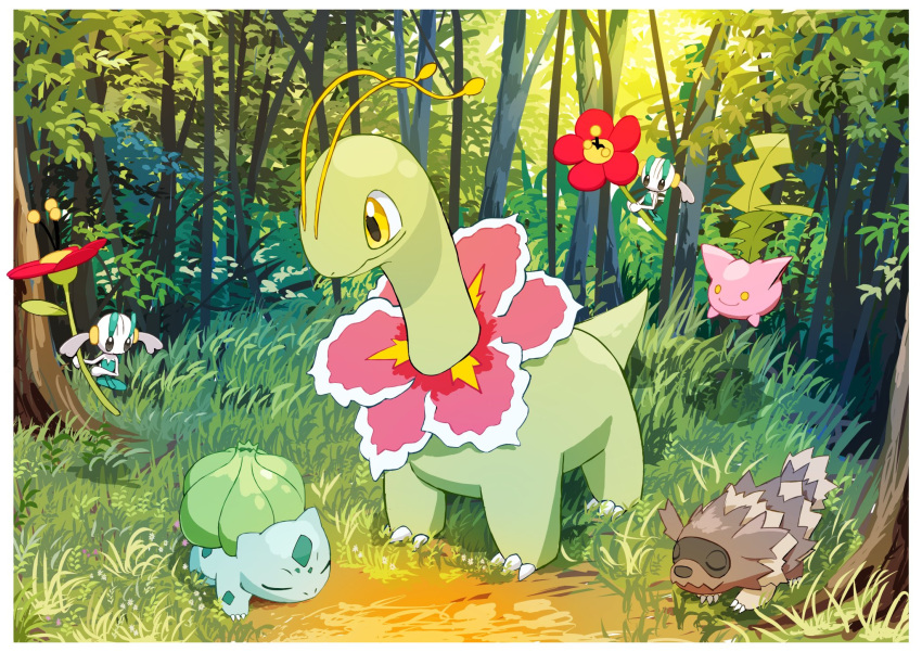 all_fours blue_skin brown_fur bulbasaur colored_skin floating floette floette_(red) flower grass green_skin hazikamiio highres hoppip meganium midair nature outdoors pokemon pokemon_(creature) tree white_skin yellow_eyes zigzagoon