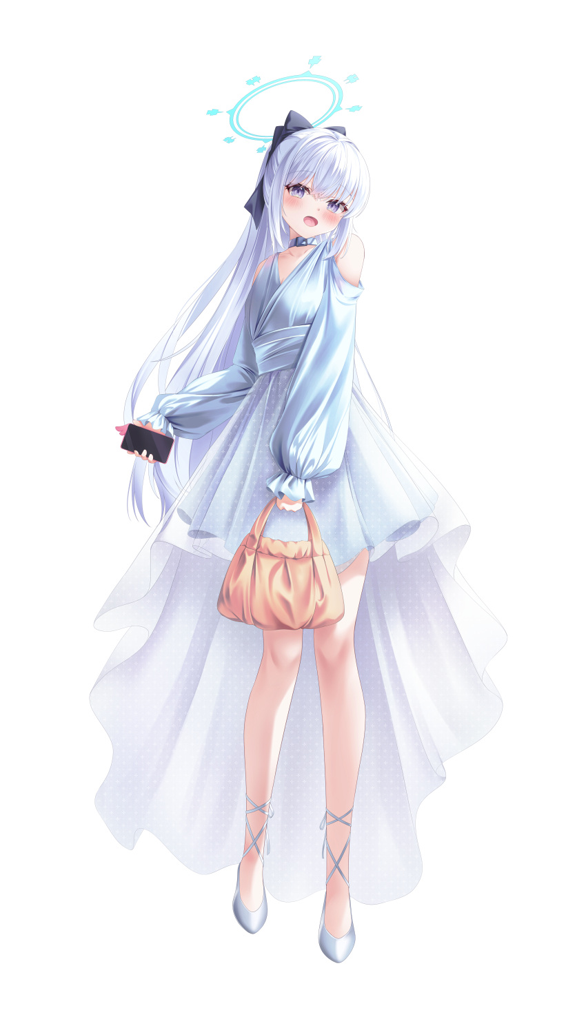 1girl absurdres bag blue_archive blue_choker blue_dress blue_halo blush cellphone choker collarbone dress full_body grey_hair hair_between_eyes halo highres holding holding_bag holding_phone long_hair looking_at_viewer miyako_(blue_archive) open_mouth phone purple_eyes shira_jun shoes sleeves_past_wrists smartphone smile solo transparent_background white_footwear