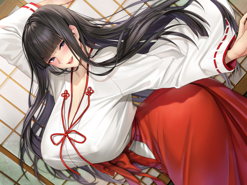1girl absurdres ass black_hair blunt_bangs blush breasts cleavage hakama hakama_skirt highres hime_cut huge_breasts japanese_clothes kimono large_breasts lips long_hair looking_at_viewer masami_chie miko non-web_source open_mouth original purple_eyes red_hakama robe skirt smile solo wide_sleeves