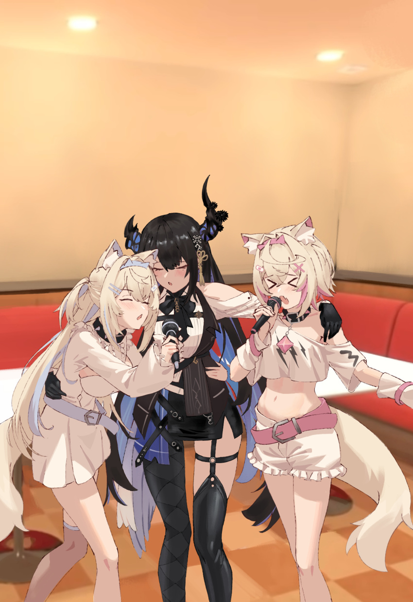 &gt;_&lt; 3girls animal_ear_fluff animal_ears argyle_clothes argyle_pantyhose asymmetrical_horns bare_shoulders belt black_collar black_hair black_pantyhose black_skirt blonde_hair blue_belt blue_hair breasts closed_eyes collar colored_inner_animal_ears colored_inner_hair couch crop_top crystal_horn demon_horns dog_ears dog_girl dog_tail dress frilled_shorts frills fuwawa_abyssgard hair_ornament hairband hairclip hand_on_another's_hip hand_on_another's_shoulder headband highres hololive hololive_english horn_hairband horns indoors karaoke large_breasts long_hair loose_belt microphone midriff mococo_abyssgard mole mole_under_eye multicolored_hair multiple_girls music navel nerissa_ravencroft o-ring o-ring_thigh_strap off-shoulder_shirt off_shoulder open_mouth pantyhose pink_belt pink_hair pink_hairband pink_headband revil0l shirt short_dress shorts siblings singing single_leg_pantyhose single_thighhigh sisters skirt spiked_collar spikes standing stomach streaked_hair table tail tassel tassel_hair_ornament thigh_strap thighhighs twins two-tone_hair very_long_hair virtual_youtuber white_dress white_shirt white_shorts x_hair_ornament