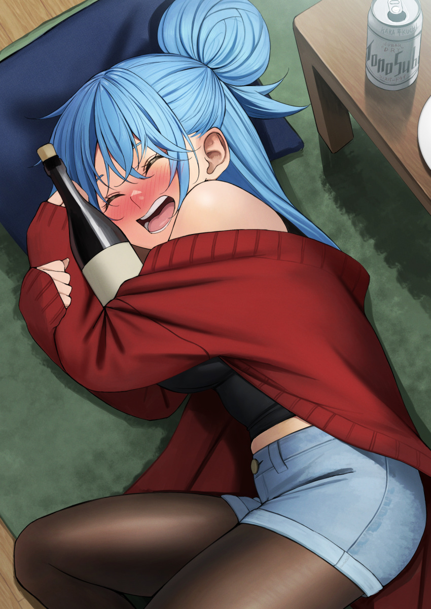 1girl :d aqua_(konosuba) bare_shoulders beer_can black_shirt blush bottle brown_pantyhose can closed_eyes commentary_request drink_can drunk hair_bun highres holding holding_bottle hugging_object indoors izawa_(bhive003) kono_subarashii_sekai_ni_shukufuku_wo! long_sleeves lying nose_blush on_floor on_side open_mouth pantyhose pillow red_shirt shiny_clothes shirt shorts single_hair_bun sleeves_past_wrists smile solo table teeth