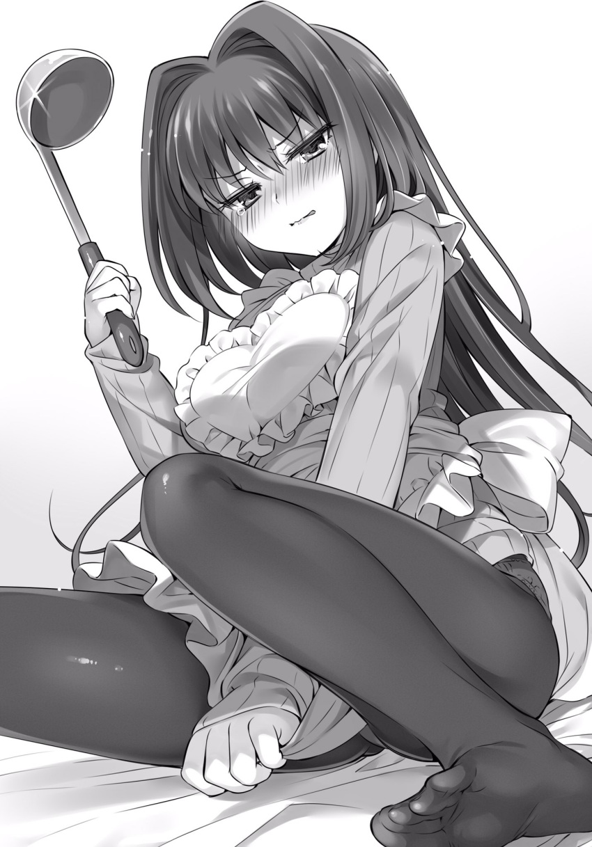 1girl aozaki_aoko apron bed_sheet blush embarrassed frills greyscale hair_intakes hanabana_tsubomi highres holding holding_ladle ladle long_hair long_sleeves looking_at_viewer mahou_tsukai_no_yoru monochrome no_pants on_bed pantyhose ribbed_sweater shirt_tug simple_background solo sweater tearing_up wavy_mouth