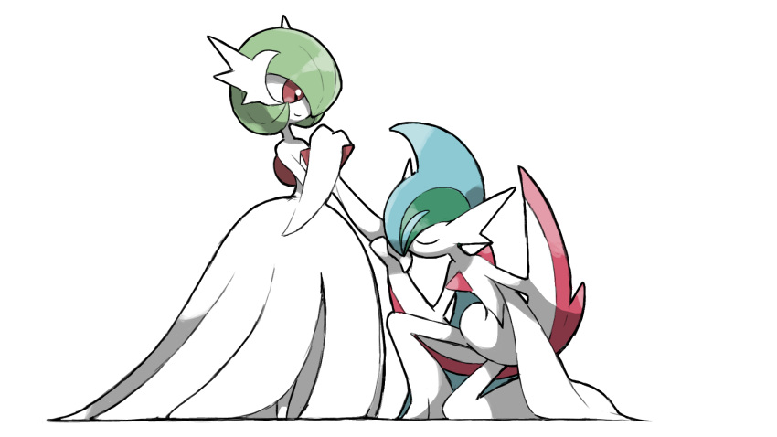 1boy 1girl arm_blade blacknirrow bob_cut closed_eyes colored_skin dress gallade gardevoir highres kiss kissing_hand kneeling looking_at_another mega_gallade mega_gardevoir mega_pokemon pokemon pokemon_(creature) red_eyes simple_background smile weapon white_skin